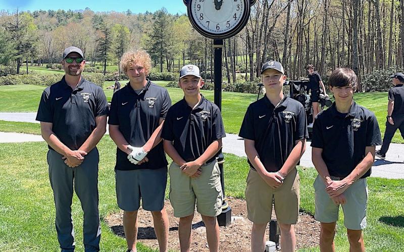 Photo submitted Hayesville's all underclassman varsity boys golf team coach and members are,  from left, Coach Will Penland, Wyatt James, Kile Cunningham, Peyton Owens and Connor Pullum.