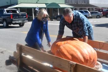 (Becky Long • Clay County Progress) Clay County Chamber of Commerce Director Pam Roman looks over a few of the pumpkins delivered to local businesses recently for the Chamber's pumpkin decorating contest. Chamber board member, David Alsobrook, right, handles the heavy work of unloading them to local businesses participating in the contest.