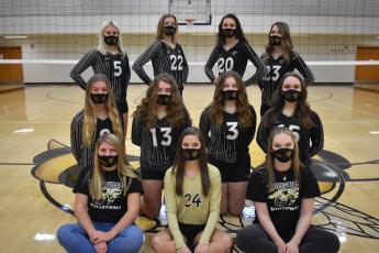 (Travis Dockery • Clay County Progress) The 2020-21 varsity Lady Yellow Jacket volleyball team is made up of, first row, from left, Gacelynn Anderson, Madison Crawford and Kynnly McClure. Second row, Emma Shook, Annelise Scheu, Allison Jones and Maggie Plemmons. Third row, Sydney Patterson, Jocelin Buckner, Hallie Johnosn and Jena Baldwin.