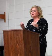 (Jared Putnam • Clay County Progress) Shelly Hollingsworth, finance officer for Clay County Schools, speaks about federal COVID leave extension during a special called meeting by the Clay County Board of Education on April 8 in Hayesville.
