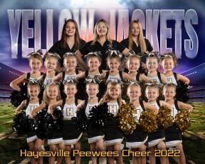 Hayesville Yellow Jacket Peewee Cheerleaders are, from, front left, Audrey Moore, Ava Whitlow, Averie Morgan, Caroline Taylor, Emorie Long, Emmalié Danico, Cheyenne Struchko and Charla Segars; second row, Jayden Jeff ries, Lakelynn Ledford, Payton Taylor, Raelyn Chaffi n, Ryleigh Ramey, Perrie Ledford, Olivia Petty and Kynleigh Cook; back, Coaches Leeanna Alberta, Emily Ledford and Kyleigh Alberta.
