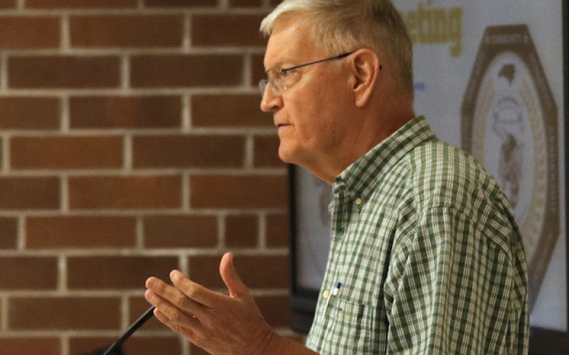(Jared Putnam • Clay County Progress) Jim Johnson speaks about topics such as social studies standards and Critical Race Theory during the public comment portion of the Clay County Board of Education's July meeting.
