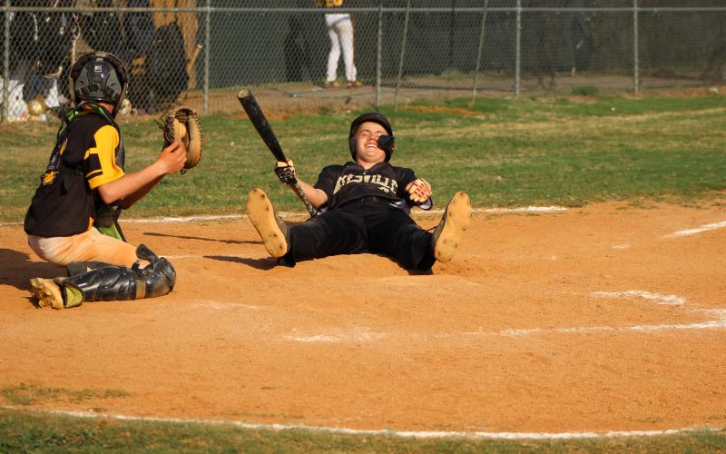 Rebecca Hall• Clay County Progress Jackson Sellers dropping to the ground to avoid a Bulldog pitch hitting him.