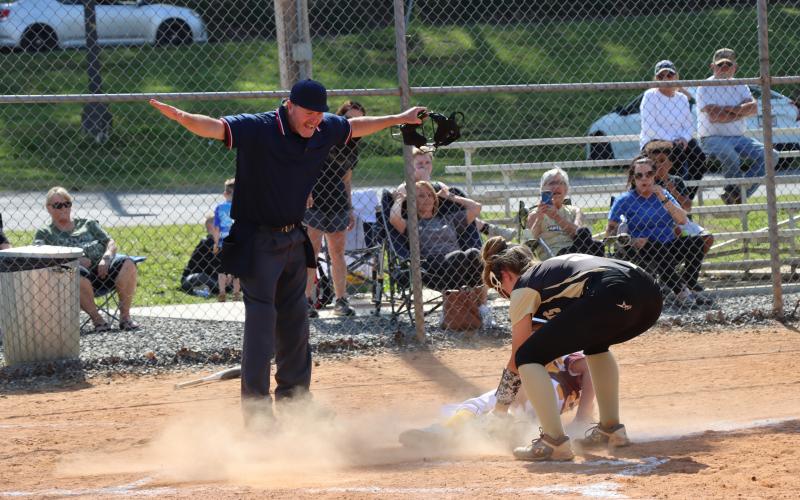 Deby Jo Ferguson • Clay County Progress Jasmine Brooks gives great attempt at tagging out runner at home plate. 