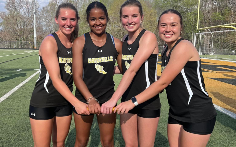 Congratulations to the Hayesville High School Lady Jacket 400m relay and 800m relay for breaking the Hayesville High School track event record. The runners were Lila Roberts, Ava Shook, Marley Espinal and Emma Shook. The old record in the 400m Relay was 53.22 and was broken with a time of  52.15. The old record in the 800m Relay was 1.52 and was topped with a time of 1.50.46.  Both were 20-plus year old records.