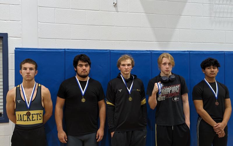 Competing at the King of the Mountain tournament are, from left, Robert Manning, third place; Reyland Martinez, first place; Andrew Reynolds, first place; Caden Gordon second place and Raul Rivera-Prieto, third place.