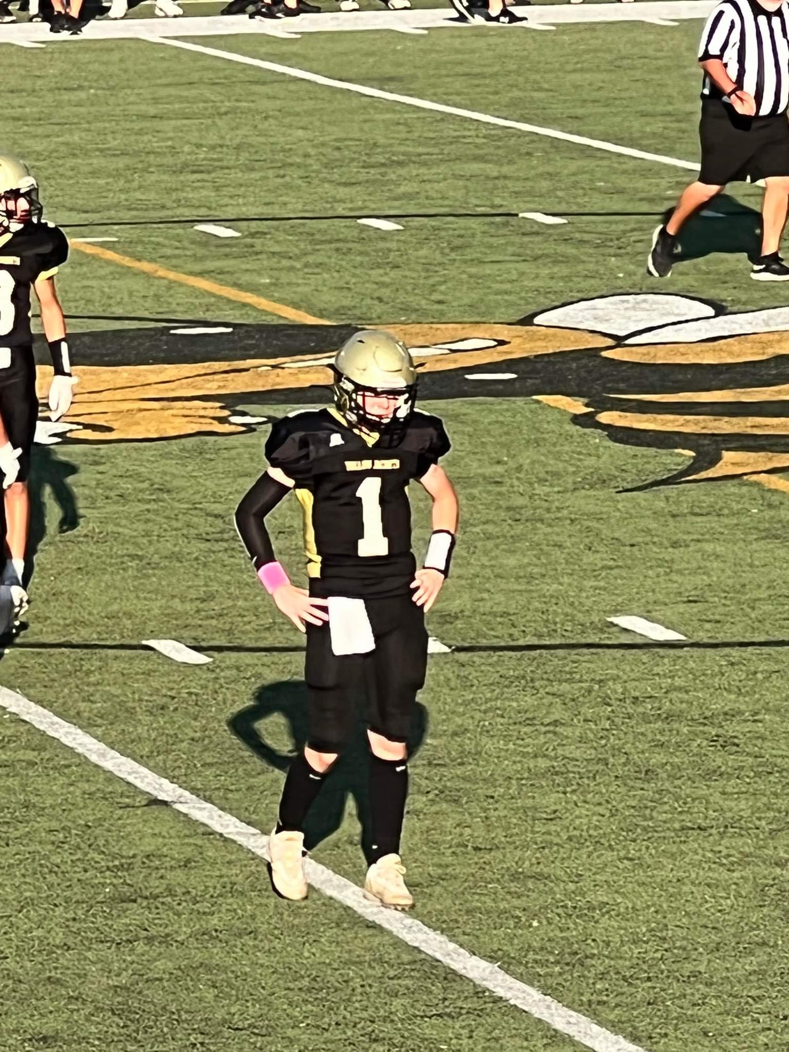 Photo by Kendra Coker Peyton McGaha and the JV team wore a pink paint band for breast cancer awareness. They will be wearing green bands in October in honor of traumatic brain injury awareness.