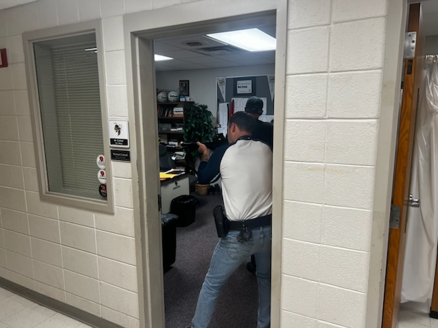 Officer T.J. Major is training in the active shooter response exercise.