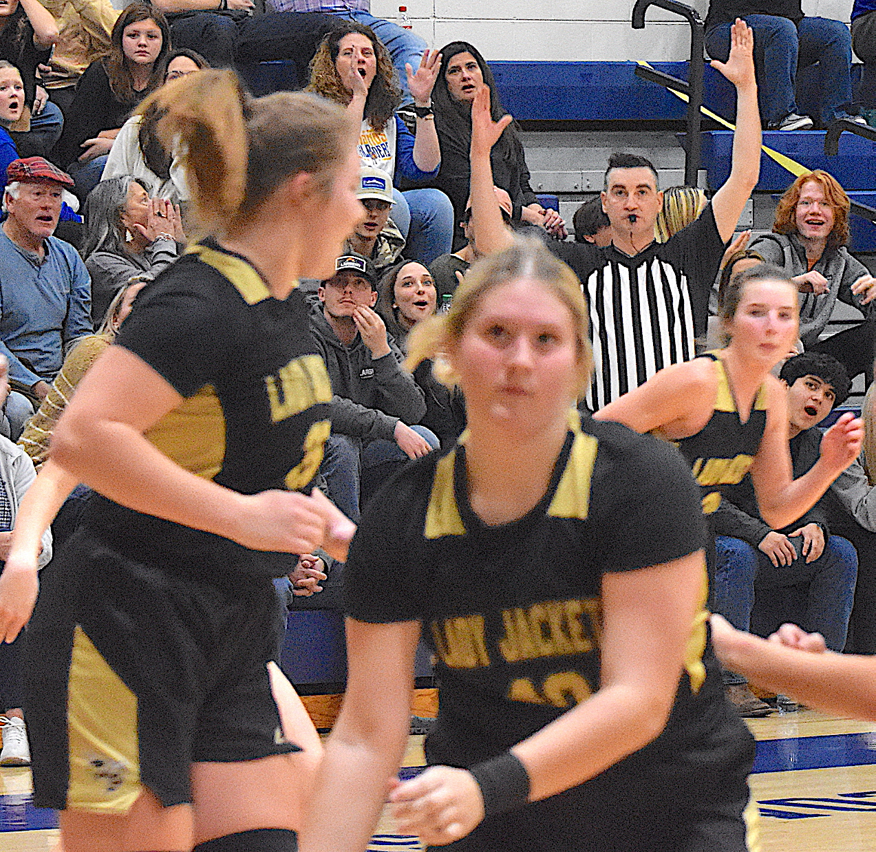 Gary Corsair • Clay County Progress Hayesville's Ava Shook, No. 2, heads for the bench as the referee confirms her game-tying 3-pointer at the buzzer as teammates Mallory Peck, left, and Brooke Graves, No. 40, camped under the basket.