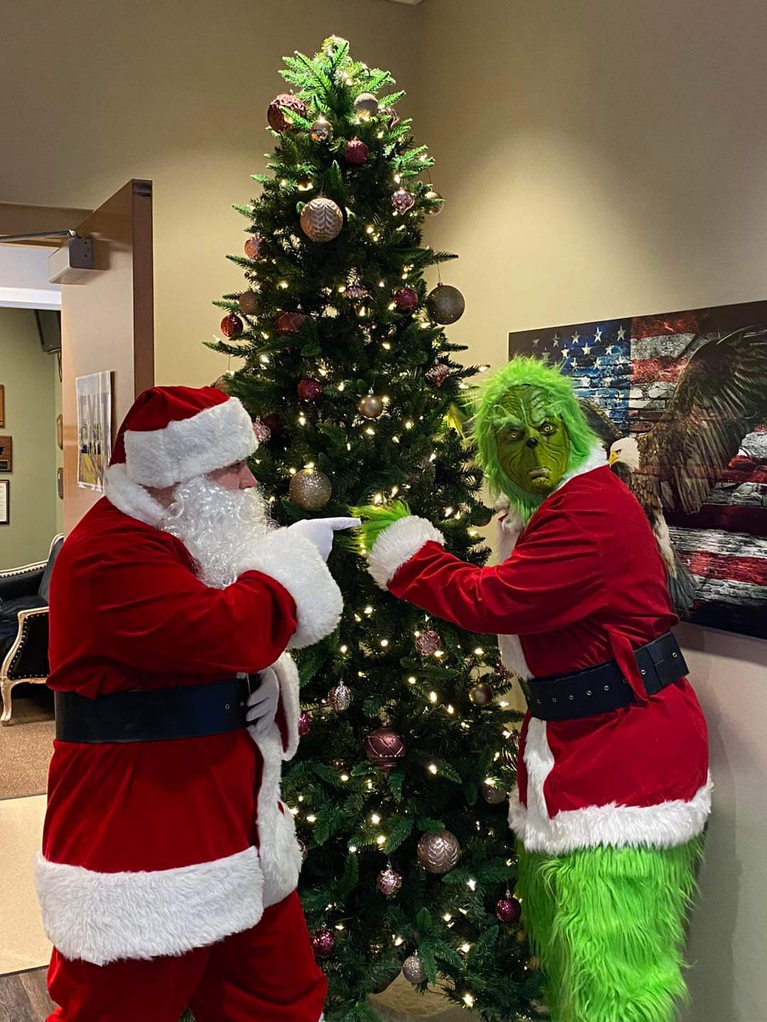 Santa keeps the Grinch from stealing anyone’s Christmas.