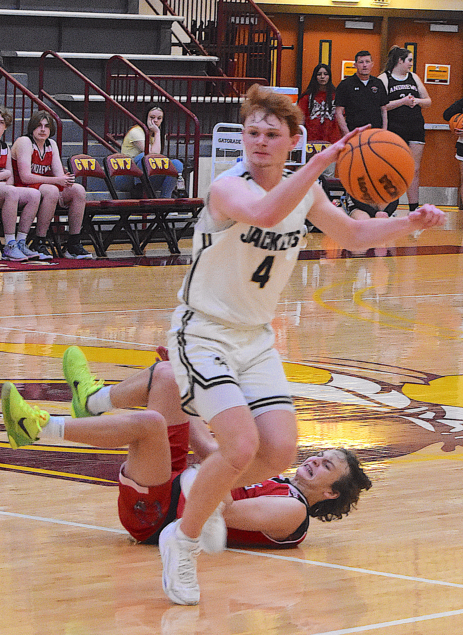 Gary Corsair • Clay County Progress Hayesville's Peyton McGaha takes control of the ball during the crucial fourth quarter against Andrews in the Smoky Mountain Conference tourney Thursday.