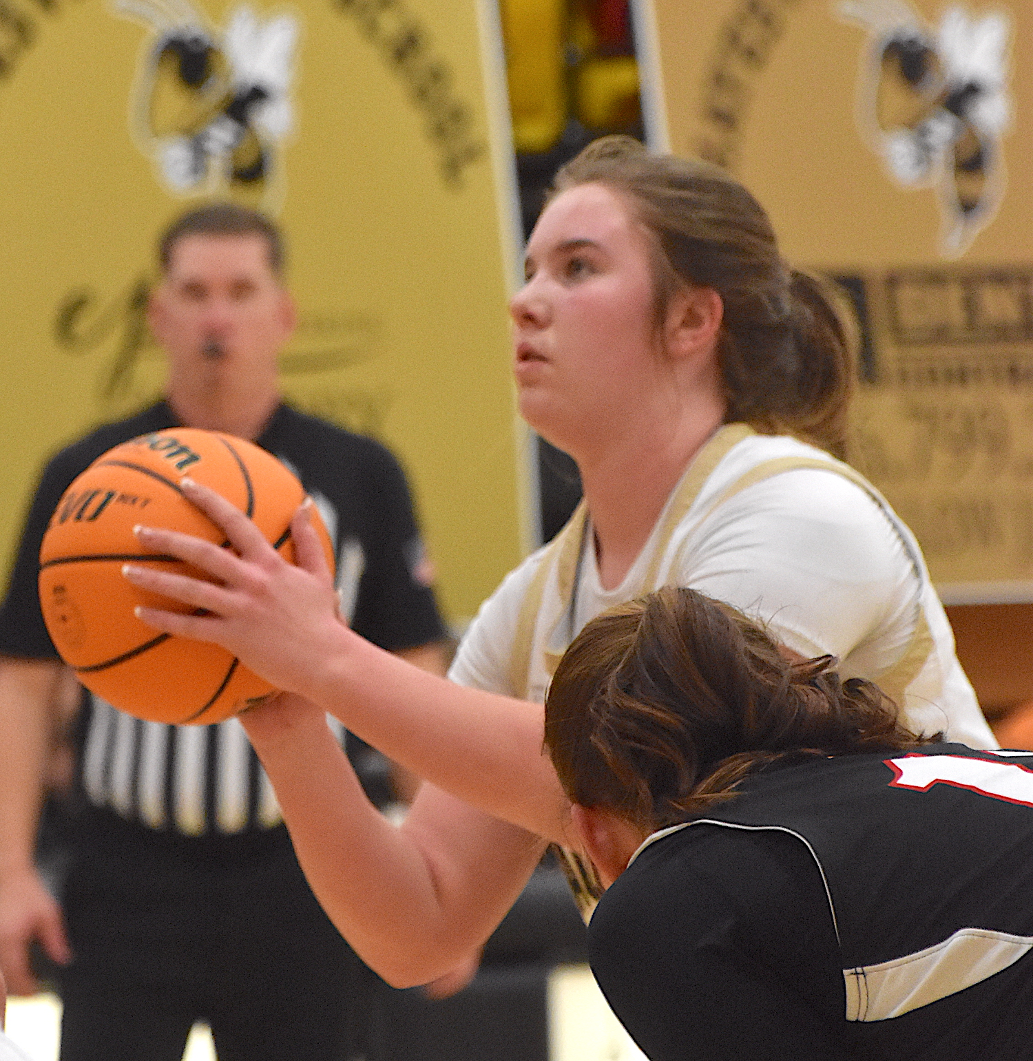 Gary Corsair • Clay County Progress Mallory Peck concentrates before launching and swishing a free throw in Hayesville victory over visiting Andrews Friday.