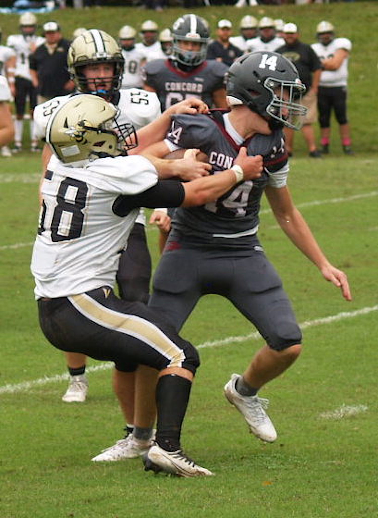Gary Corsair • Clay County Progress E.J. Abrams, No. 58, collars Concord Christian's quarterback as teammate Kasen Chastain, No. 55, moves in to help complete the takedown.