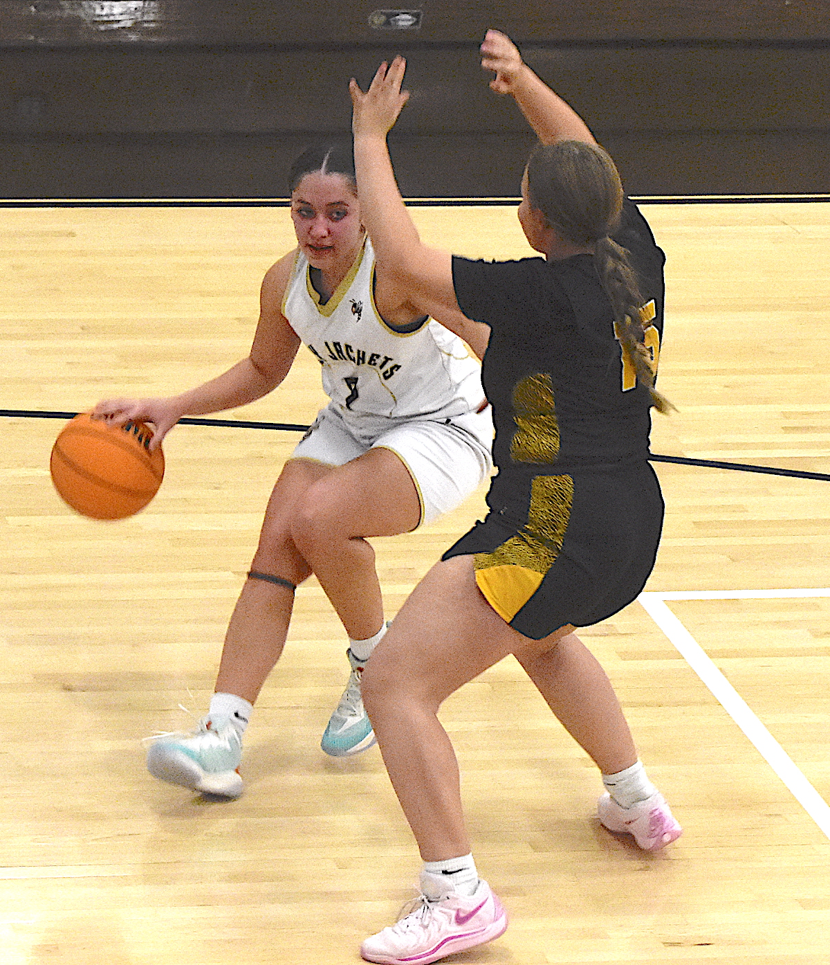Gary Corsair • Clay County Progress Hayesville's Aaliyah Jackson sidesteps a Bulldog on the way to the basket.