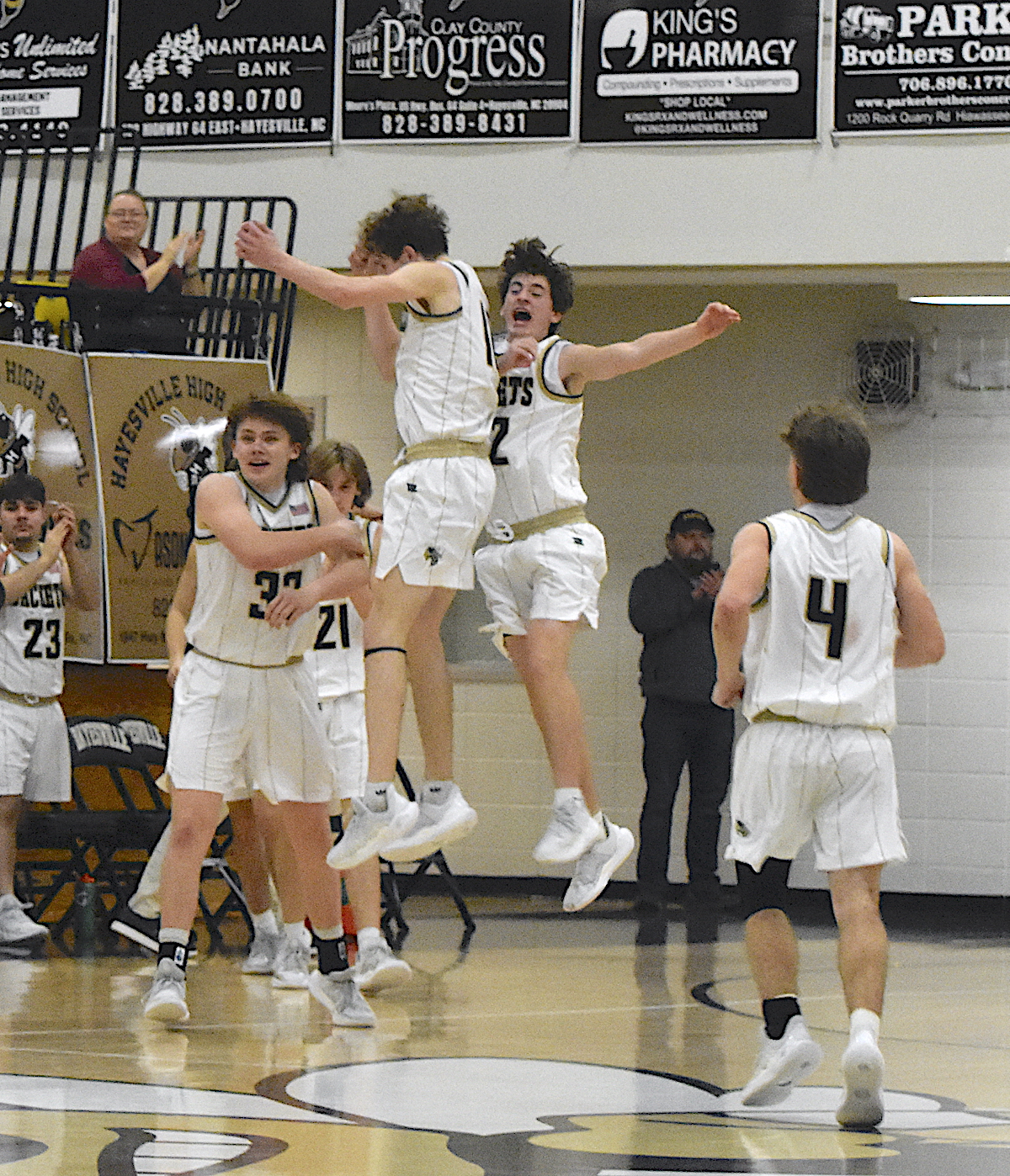 Gary Corsair • Clay County Progress Brendan Lynch, No. 10, and Brady Jones, No. 22, display serious hang time as they celebrate Hayesville's win over Cherokee as teammates Jackson Sellers, No. 33, and E.J. Abrams, No. 4, join the celebration.