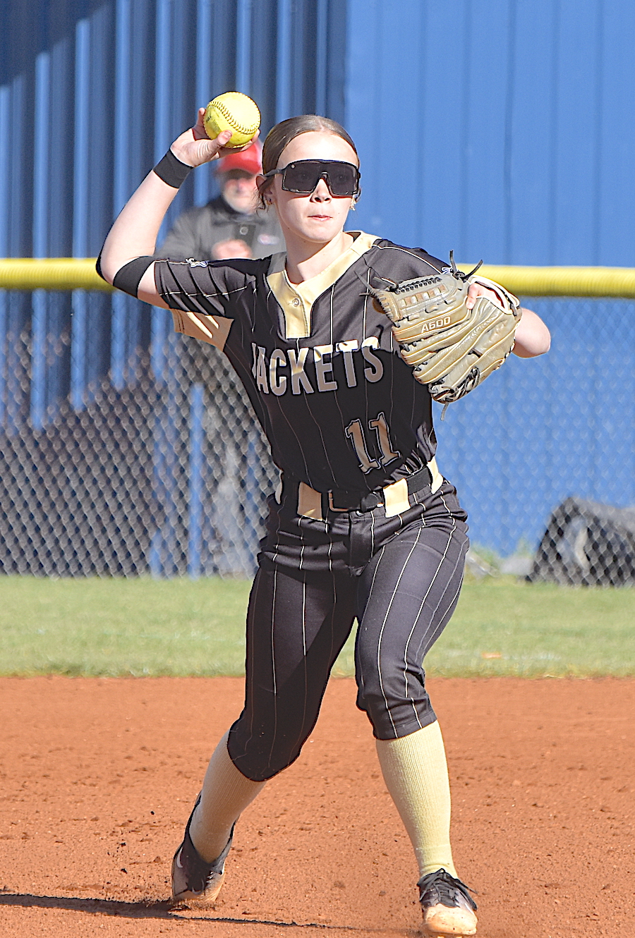 Gary Corsair • Clay County Progress Hayesville shortstop Raylyn Taylor fires to first after gloving a hot grounder.