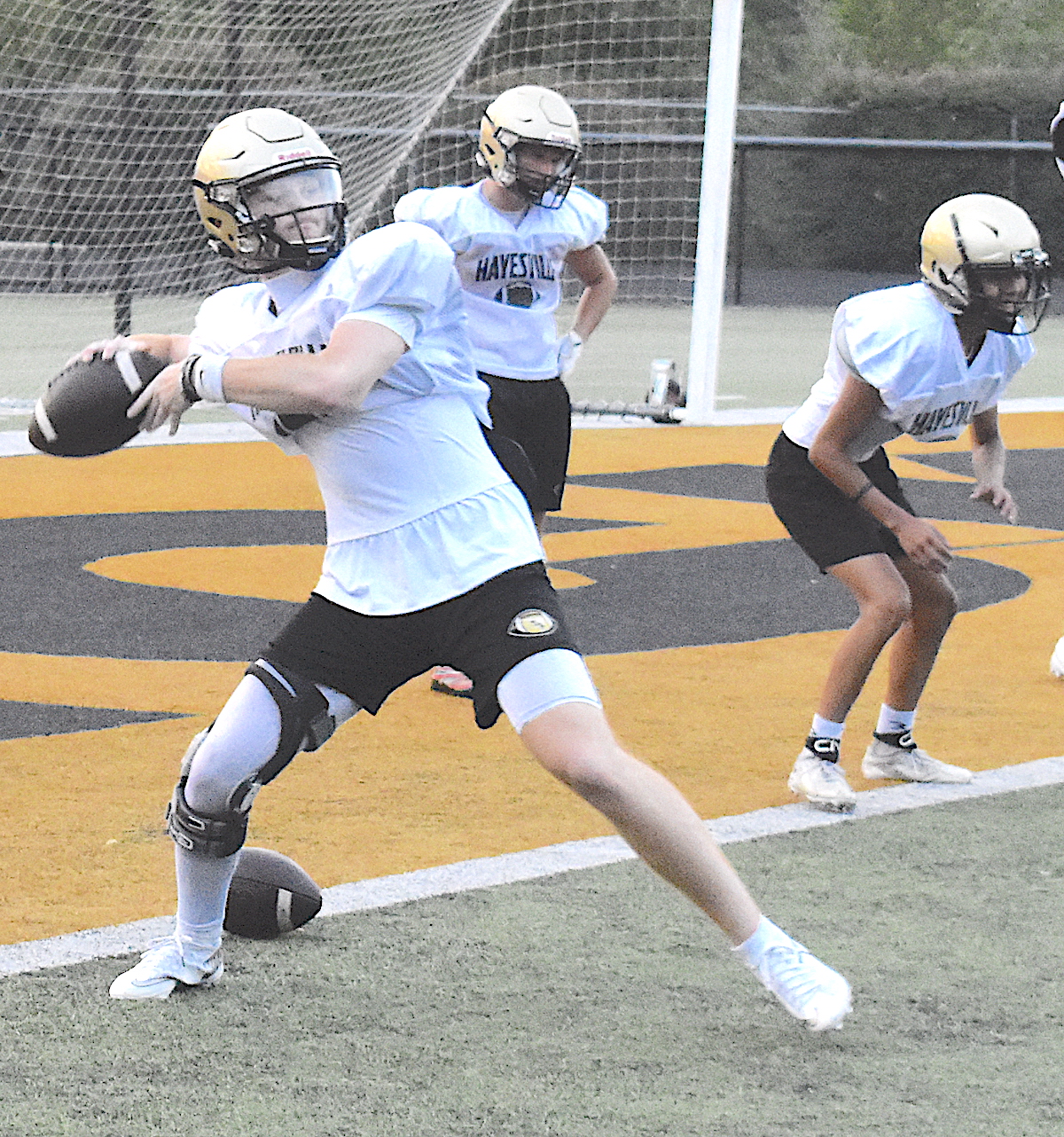 Gary Corsair • Clay County Progress Senior Peyton McGaha uncorks a long pass during a recent practice. McGaha and Lance Coker are competing for the first-string quarterback job.