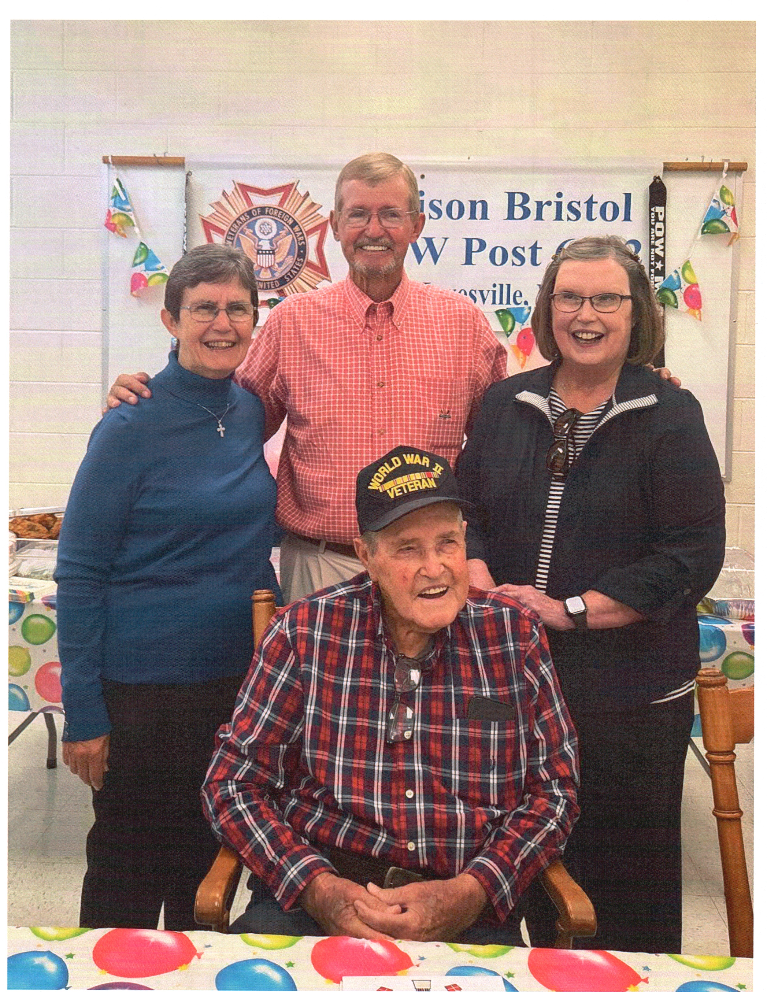 Front, Ralph Myers; back, are his children Becky Brown, Dennis Myers and Linda Roberts celebrate Ralph’s 100th birthday.