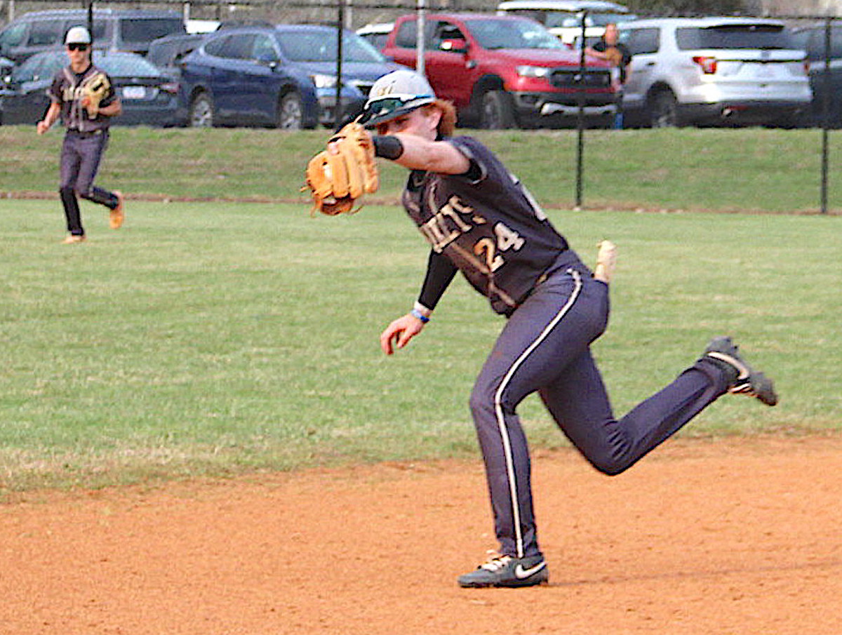 Neal Wachob • Clay County Progress Hayesville shortstop Peyton McGaha goes into the hole to make a Big League grab of a Cherokee line drive Friday.