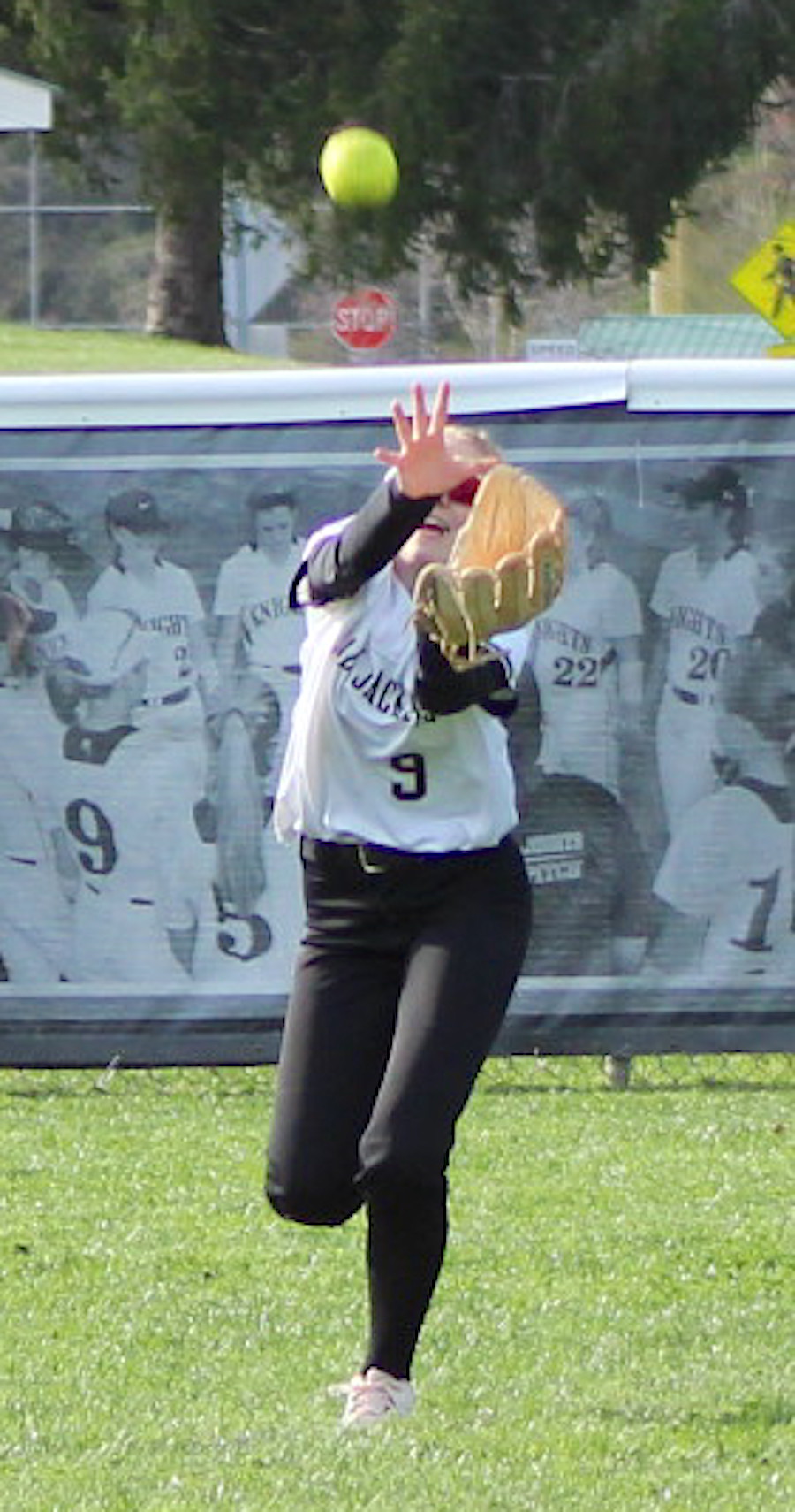 Neal Wachob • Clay County Progress Lady Jackets outfielder Daylyn Murray zeroes in on a fly ball against Robbinsville.