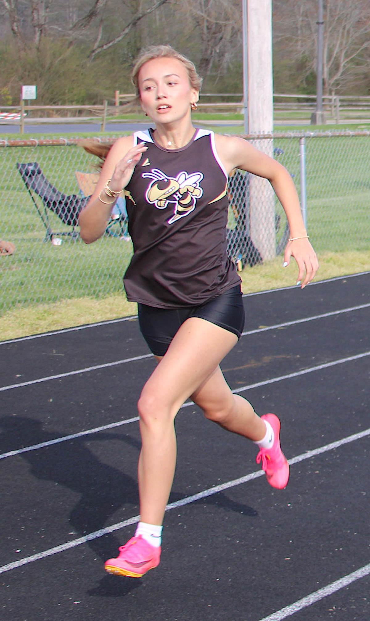 Neal Wachob• Clay County Progress Libbie Moore crosses the finish line with a first-place finish in the 400-meter dash for Hayesville.