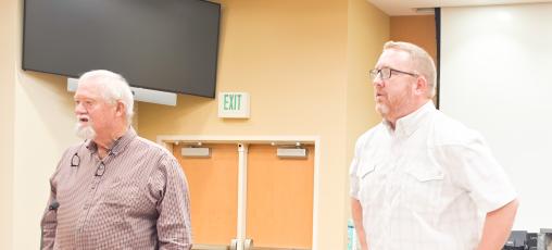 Clay County Commissioners Special Called Meeting on Monday, June 18 concluded the approval of the 2026-2027 tax budget. From left, Commissioner Clay Logan and Chairman Dr. Rob Peck answered questions from the public.