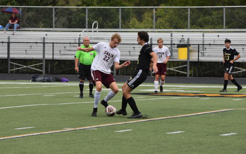 (Progress photo by Travis Dockery) Jared Welch battles for possession against SMC foe Swain.