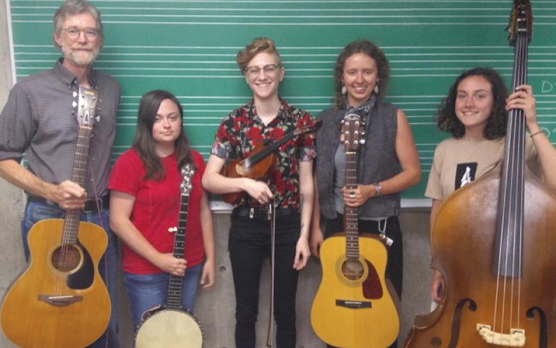 Phil Jamison, Rachel Dunaway, Willow Dillon, Trinity Esola and Maggie Hollar make the band, The Riverbenders.