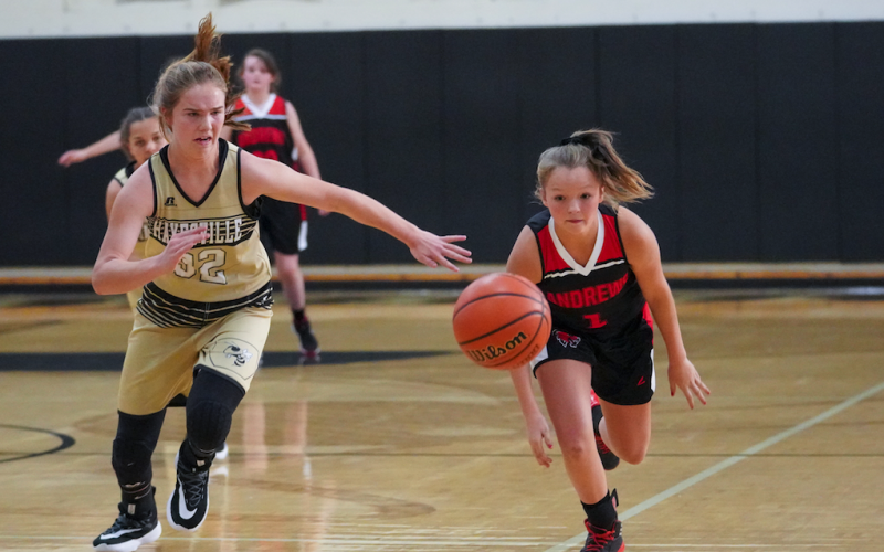(Kelli Graves  • Clay County Progress) Mallory Peck chases down a Lady Wildcat for a steal in Hayesville’s impressive win.