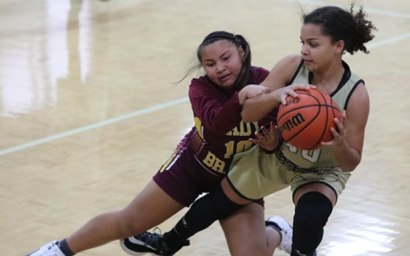 (Kelli Graves * Clay County Progress) Jayden Moore plays tug of war with a Lady Brave to try to keep possesion and stay in bounds.
