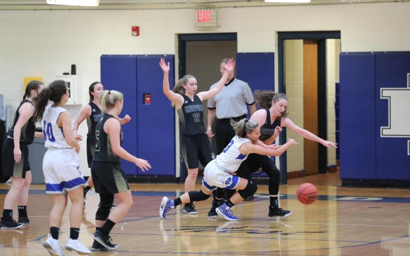 (Kelli Graves * Clay County Progress) Breanna Foster goes for the ball during Hayesville's win over a strong Hiwassee Dam team.