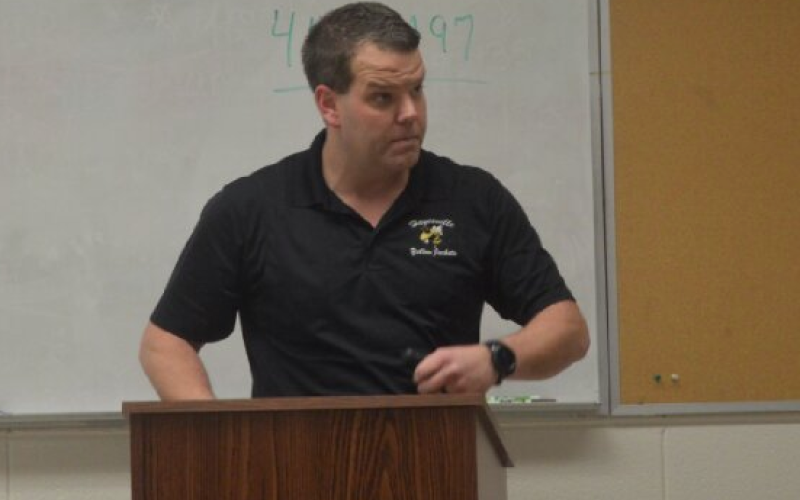 (Lorrie Ross • Clay County Progress) Director of Technology and Safety Of- ficer Adrian Jefferies explains how a $9,300 safety grant was received to install three doors and buy two-way radios.