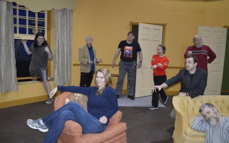 Characters, front from left, Meredith Legg-Grady and David Layfield. Back, Joshua Sellers, Richard Cary, Jon Jordan, Renee Lamance, Max Beard and Larry Johnson practice for “Out of Order.”