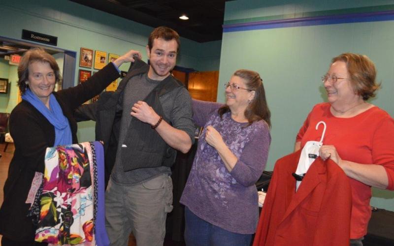(Pam Roman • Clay County Progress) Patty Callahan, actor Max Beard, Diana Lappin and Landi Marrella decide on what to wear for “Out of Order.”