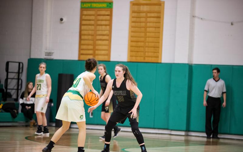 (Kelli Graves • Clay County Progress) Brianna Foster prepares to stop an Alleghany scoring attempt.