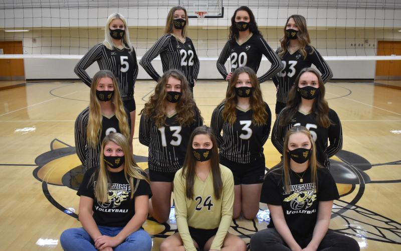(Travis Dockery • Clay County Progress) The 2020-21 varsity Lady Yellow Jacket volleyball team is made up of, first row, from left, Gacelynn Anderson, Madison Crawford and Kynnly McClure. Second row, Emma Shook, Annelise Scheu, Allison Jones and Maggie Plemmons. Third row, Sydney Patterson, Jocelin Buckner, Hallie Johnosn and Jena Baldwin.