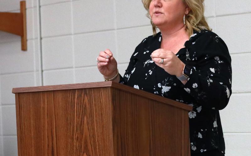 (Jared Putnam • Clay County Progress) Shelly Hollingsworth, finance officer for Clay County Schools, speaks about federal COVID leave extension during a special called meeting by the Clay County Board of Education on April 8 in Hayesville.