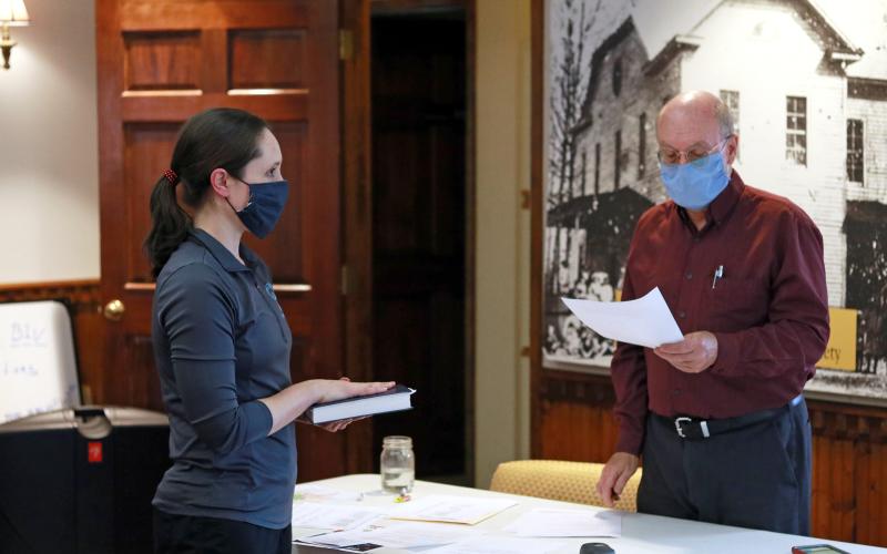 (Jared Putnam • Clay County Progress) Lauren Tiger is sworn in as a member of the Hayesville Town Council by Mayor Harry Baughn during the monthly council meeting on Monday in Hayesville.