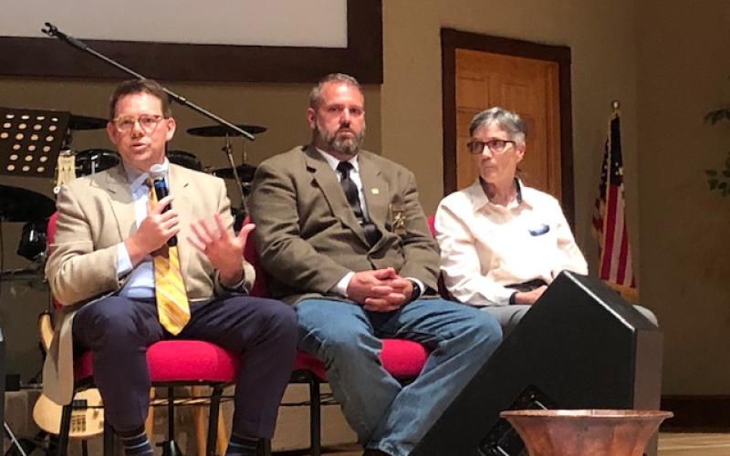 During the People of Clay CARE Alcohol Awareness town hall held May 25, attendees heard from several professionals and experts in their fields. From left, Clay County Schools Superintendent Dale Cole, Clay County Sheriff Bobby Deese and Mountain Projects prevention specialist Patti Tiberi, were some of the speakers during the event. The prevention coalition will host its first official open community meeting at 6 p.m. Tuesday, July 13 and the multipurpose classroom of the Clay County Courthouse.