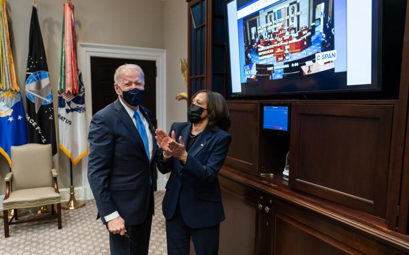 President Joe Biden and Vice President Kamala Harris celebrating the Senate passage of the American Rescue Plan, a $1.9 trillion spending package. (Photo from The White House Facebook page.)