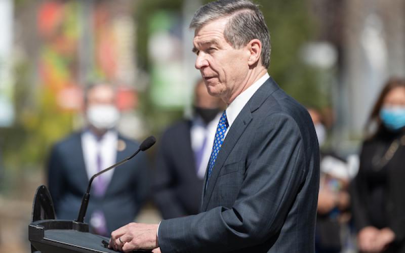 Gov. Roy Cooper speaking to veterans in Raleigh, Spring 2021. (Photo by Maya Reagan, Carolina Journal)