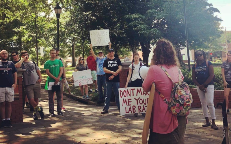 Young Republicans demonstrate against mask mandates in Raleigh. Aug. 2. (Via Facebook.)