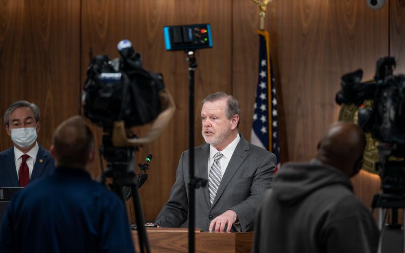 Sen. Phil Berger addressing media. Photo by Carolina Journal)