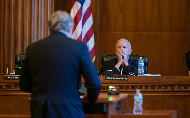 N.C. Supreme Court Chief Justice Paul Newby listens as attorney Paul "Skip" Stam argues before the court on November 9, 2021. (Photo by Maya Reagan, Carolina Journal.)