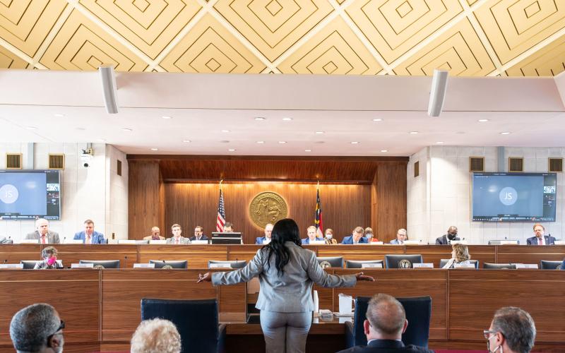 A speaker addresses the legislature's Joint Redistricting Committee in Raleigh on October 26, 2021 during one of a series of public forms and hearings. (Photo by Maya Reagan, Carolina Journal)