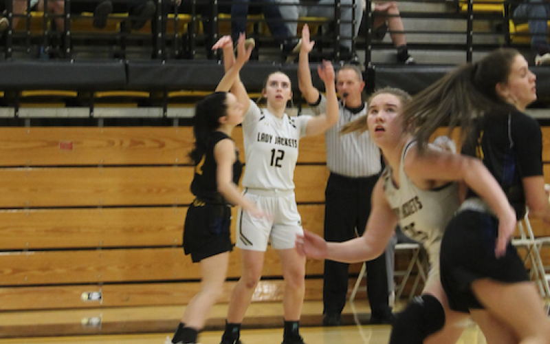 (Deby Jo Ferguson • Clay County Progress) Lila Payne launches one of her 10 three-point shots, a performance that landed her in the state record book.