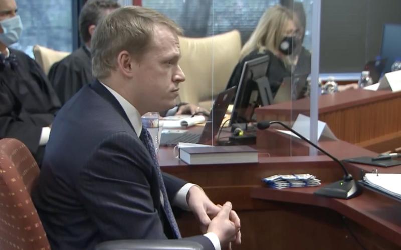 Destin Hall, R-Caldwell, testifying during a trial addressing N.C. election maps. (Photo from WRAL.com pool video)