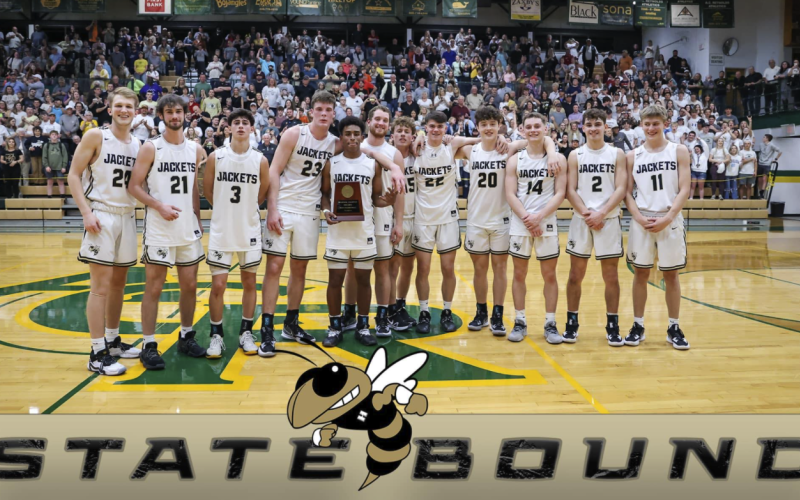 (Photo by Kelli Graves) Yellow Jackets Seth Hedden, Cade Denton, Ethan Hooper, Jake McTaggart, Asher Brown, Kyle Lunsford, Landon Hughes, Jacob McClure, Taylor McClure, Kolbe Ashe, Logan Caldwell and Isaac Chandler are headed to Raleigh to compete for the state championship on Saturday.