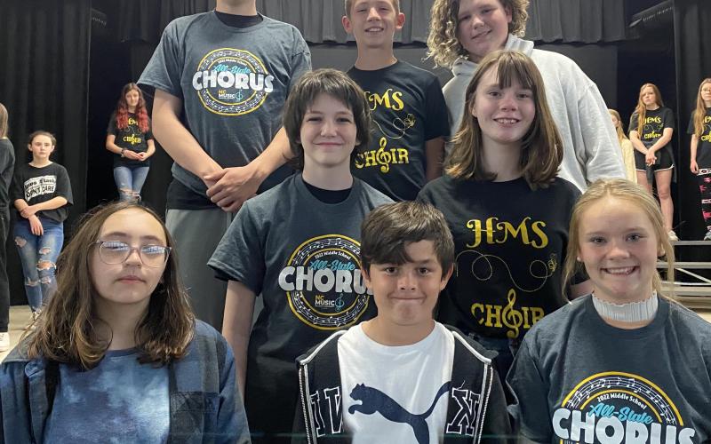 HMS Chorus students who were selected as a participant and/or alternate this year are, first row, from left,  seventh grader Raeann Thompson, sixth grader Tucker Dockery and seventh Grader Madison Sullivan. Second row, eighth grader Ruby Kuykendall and eigth Grader Savannah May. Third row, eighth grader Jackson Sellers, sixth grader Micah Moss and seventh grader Mason Buckner