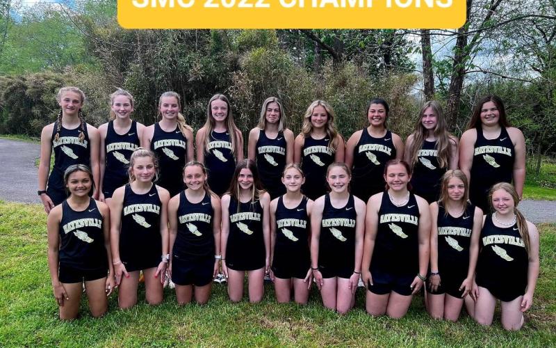 Hayesville Middle School Jackets traveled to Robbinsville, on Monday, April and finishing first in the Smoky Mountain Conference. The MS Jackets not only brought home the SMC victory and along with it the team set several new school records Team members include, front, from left, Kadence Morrow, Savannah Burch, Emma Ashe, Leah Thomas, Alexia Fields, Marlo Joyce, Emillia Lackey, Khylei Alberta, and Callie Long; back row, Sydney Greenstone, Olivia Giddens, Ava Shook, Raelynn Wood, Skylar Lockaby, Blaire Hedde